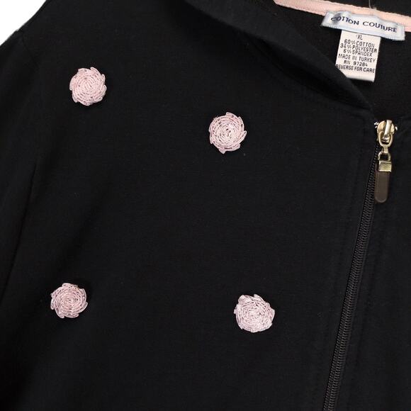 Vtg Y2K Cotton Couture Women's XL Pink Rosettes Full-Zip Black Hoodie Jacket - Picture 3 of 5